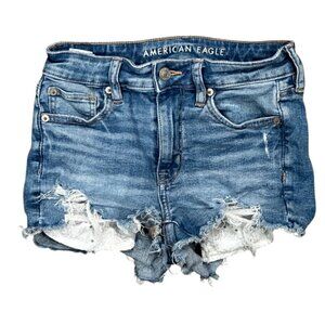 American Eagle Super Stretch Hi Rise Shortie Denim Booty Short Size 0 Distressed